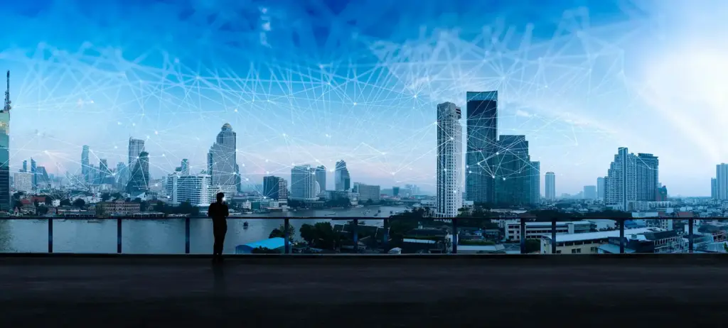 City skyline with a network overlay