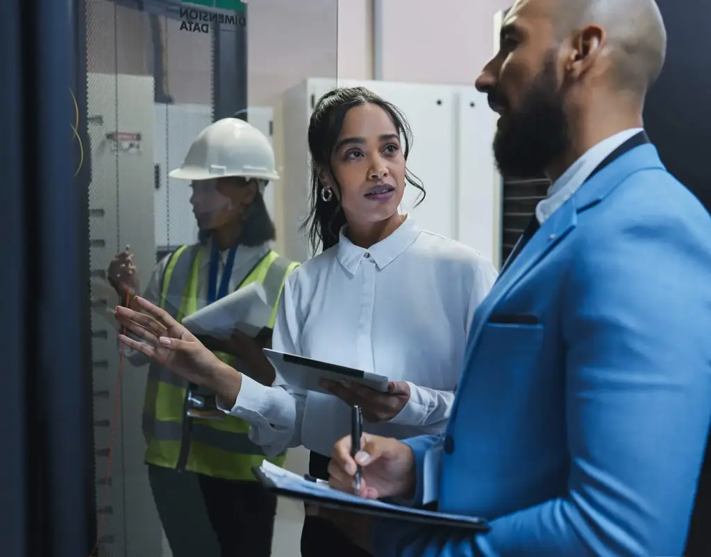 Consultants reviewing plans with a client on site