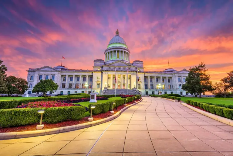Government building at sunset