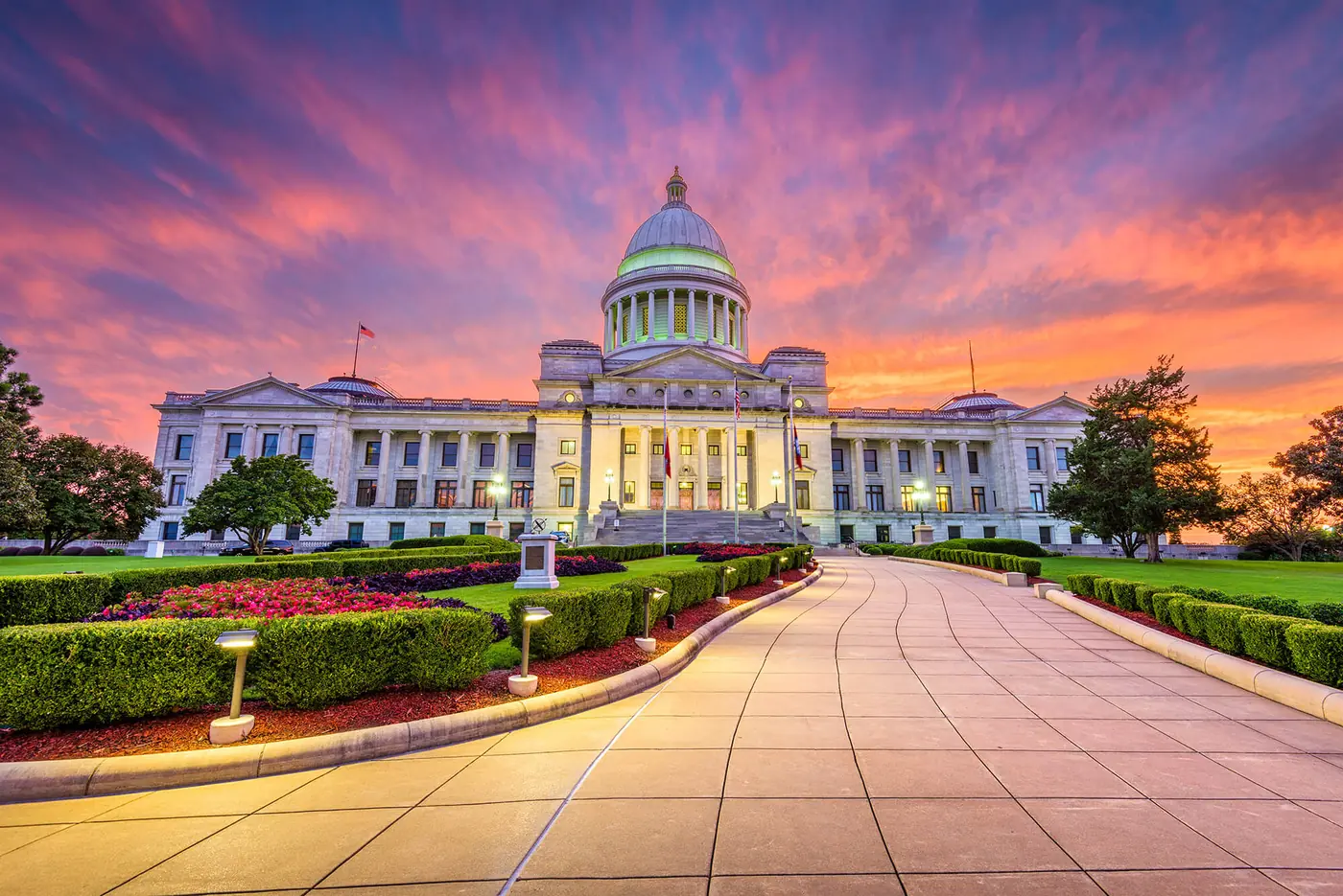Government building at sunset