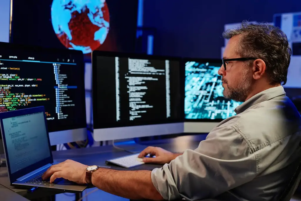 Security analyst reviewing threat alerts across several monitors
